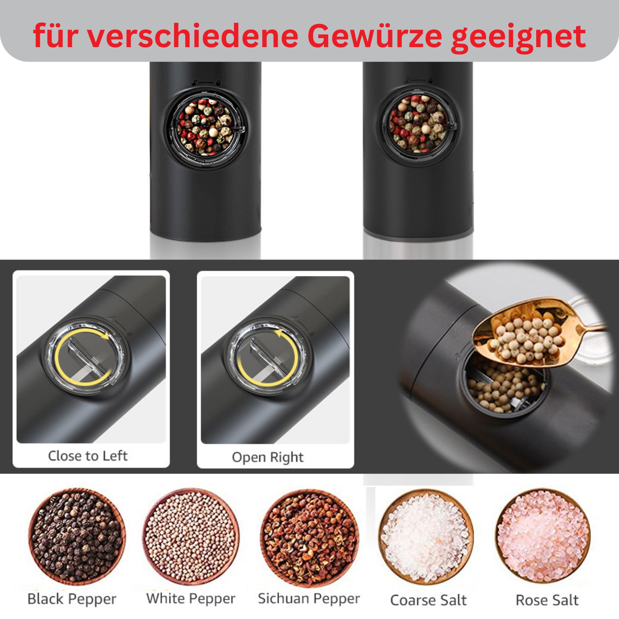 Electric pepper spice mill with LED lighting