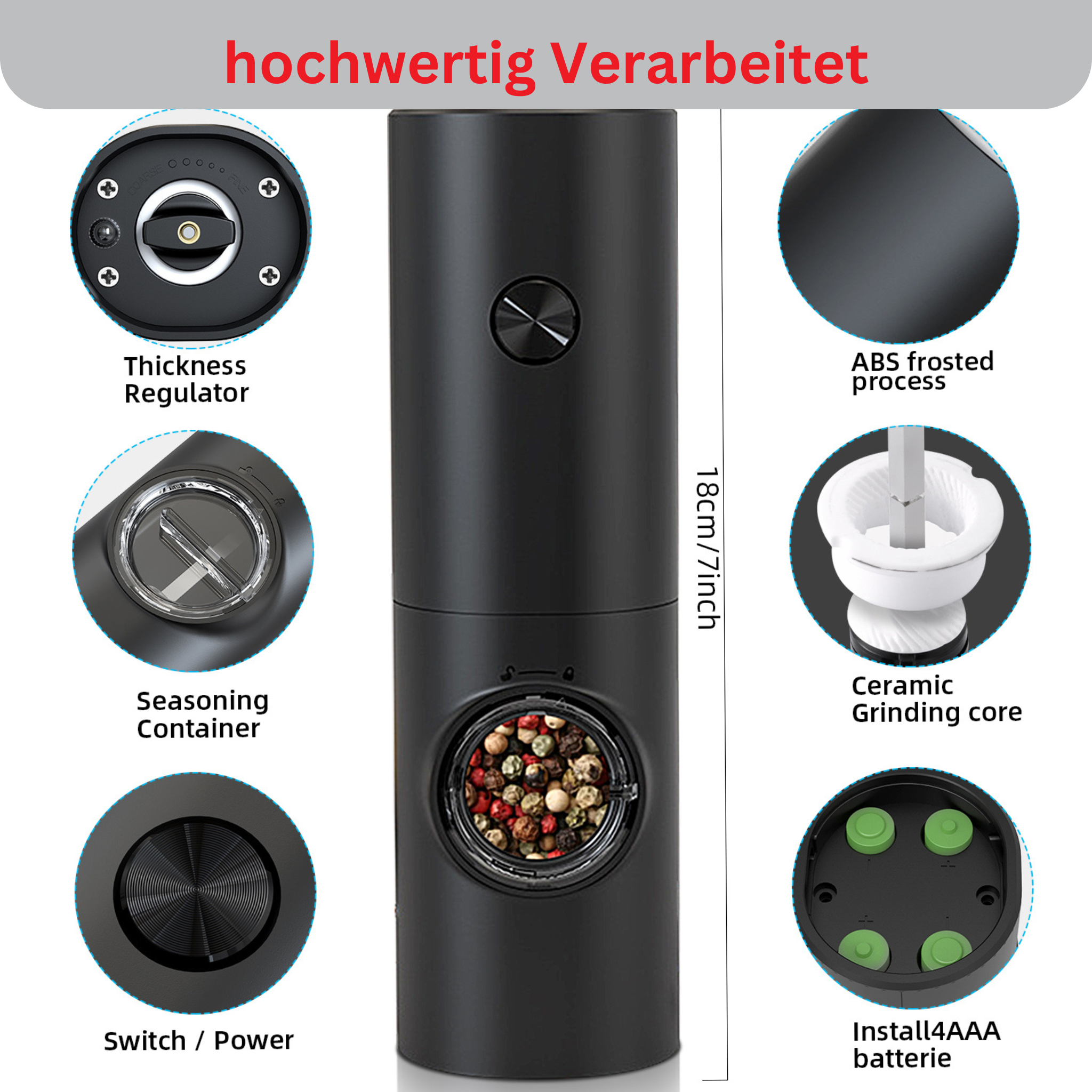 Electric pepper spice mill with LED lighting