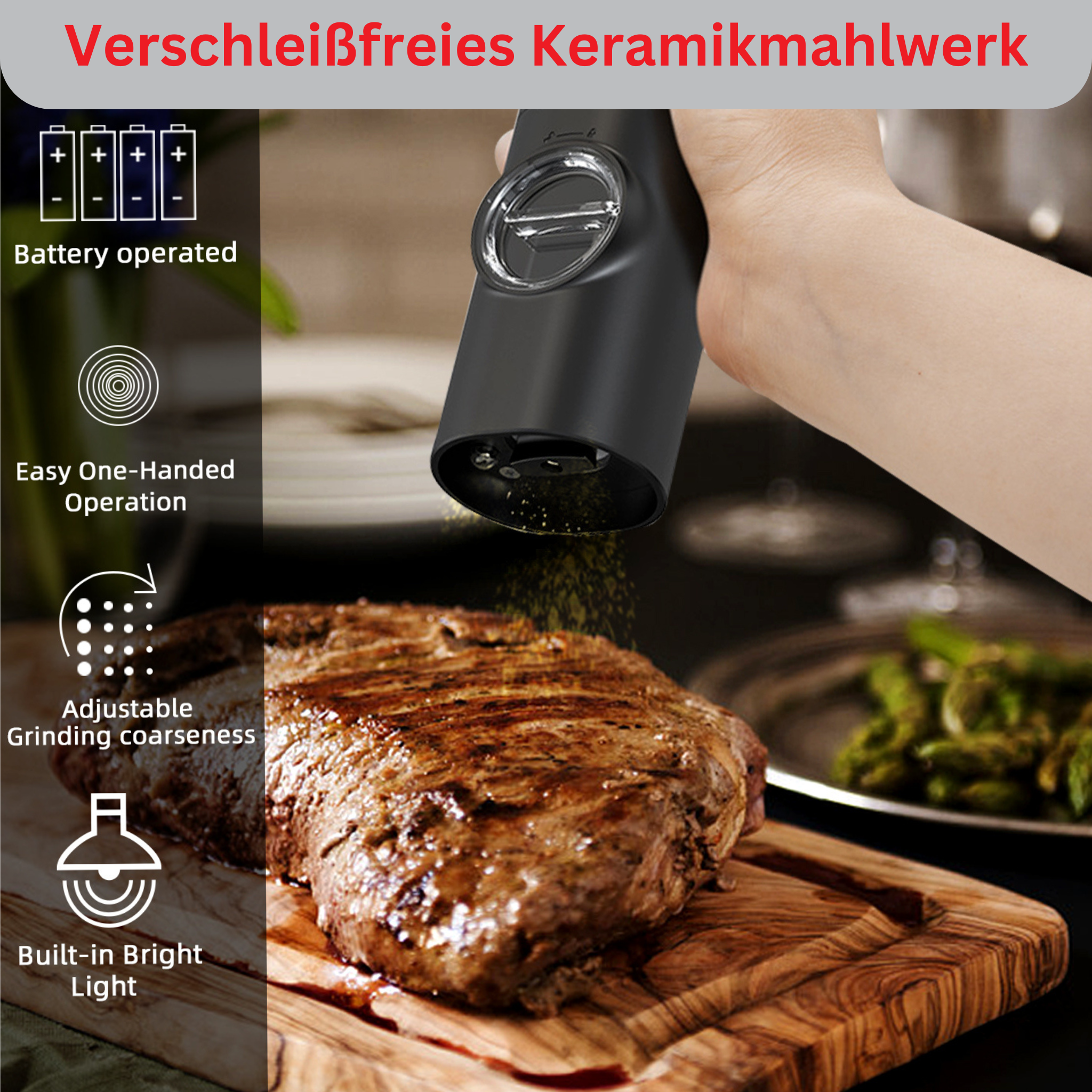 Electric pepper spice mill with LED lighting