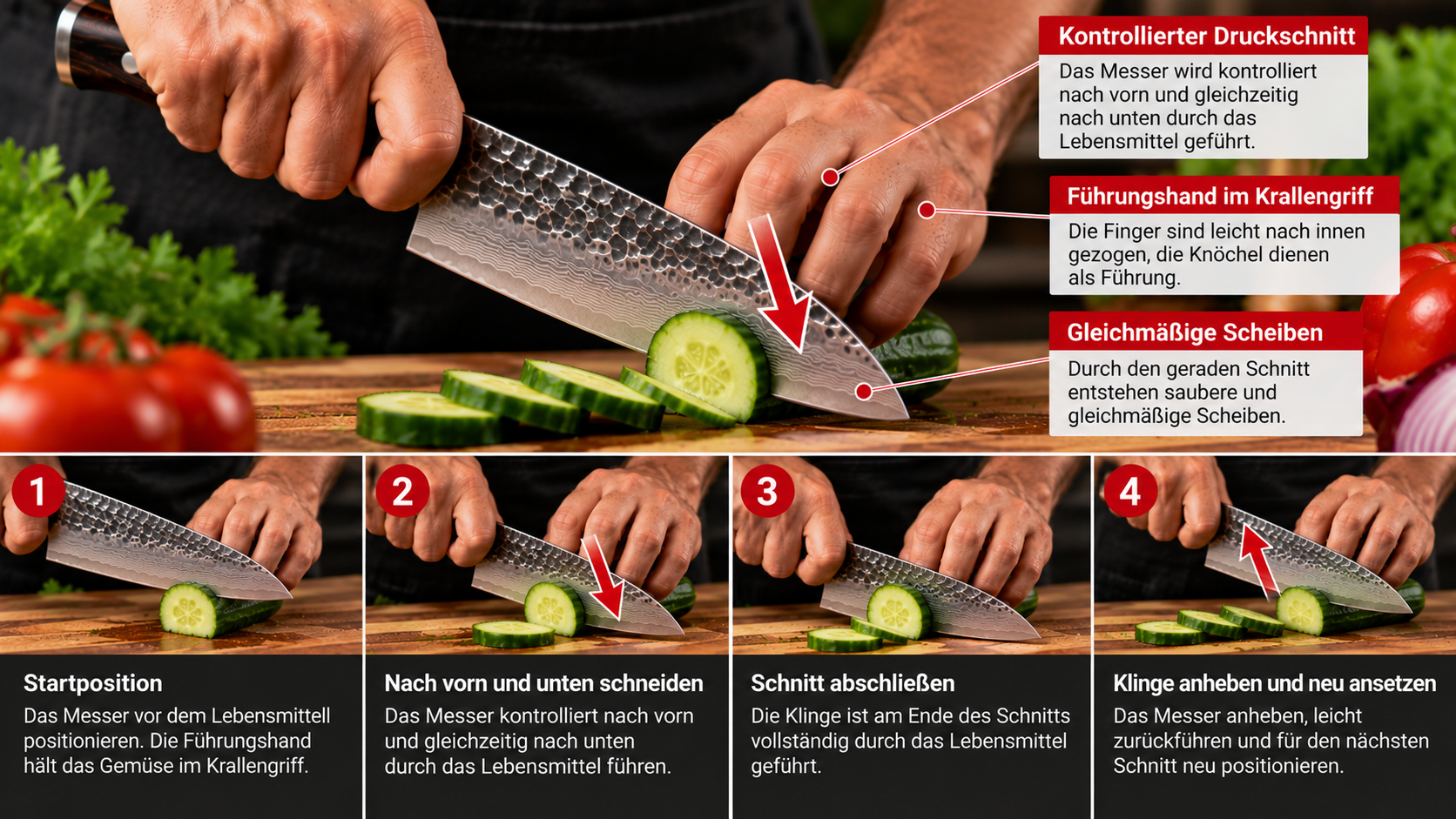 Schnitttechniken mit dem Küchenmesser: Wiegeschnitt, Druckschnitt & Co. richtig anwenden