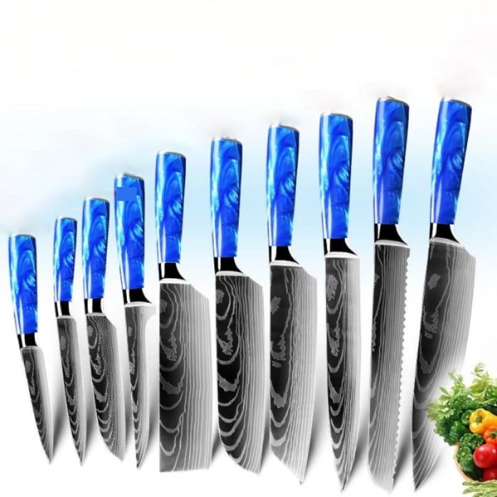 Jushi Küchenmesser-Set mit zehn Messern und blauen Griffen