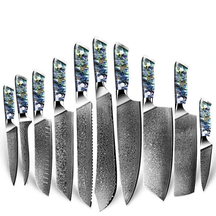 Awabi Damastmesser-Set mit zehn Messern und gemusterten Griffen