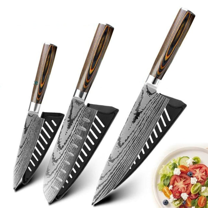 Mokuzai Messerset mit drei Messern und braunen Griffen