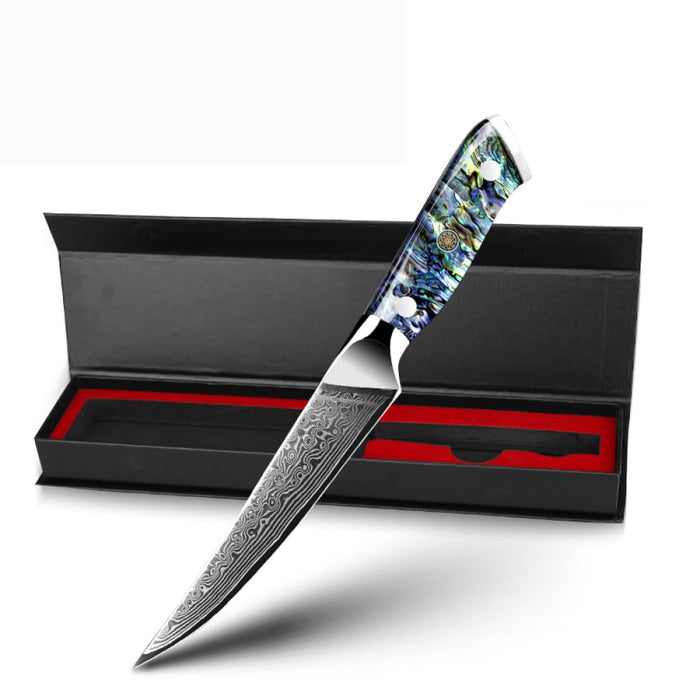Awabi Damast-Steakmesser vor einer geöffneten Geschenkbox
