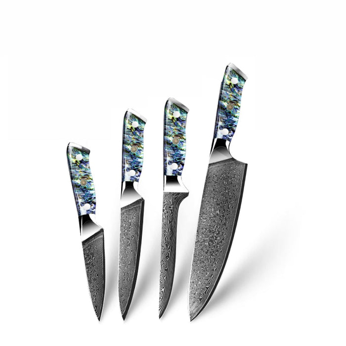 Awabi Damastmesser-Set mit vier Messern und gemusterten Griffen