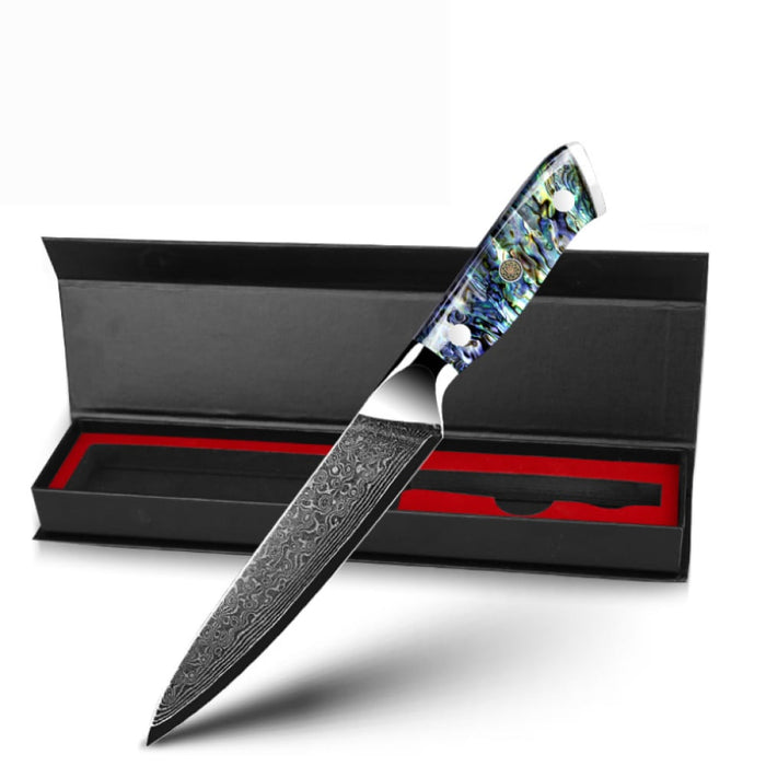 Awabi Damast-Universalmesser vor einer geöffneten Geschenkbox