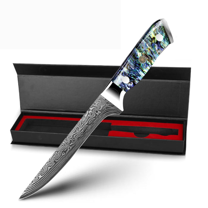 Awabi Damast-Filetiermesser vor einer geöffneten Geschenkbox