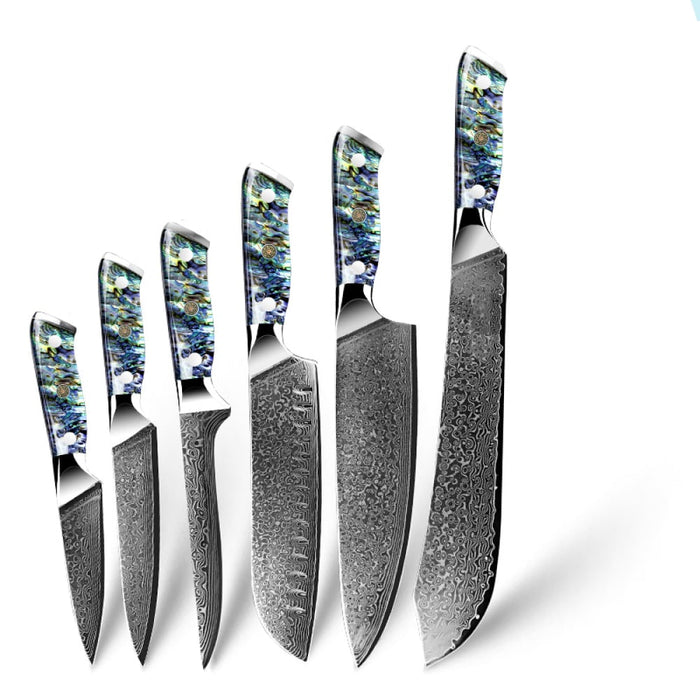 Awabi Damastmesser-Set mit sechs Messern und gemusterten Griffen