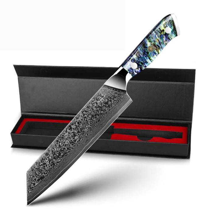 Awabi Damast-Fleischmesser vor einer geöffneten Geschenkbox