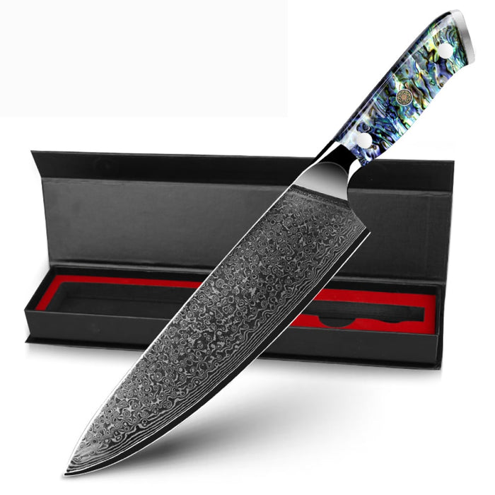Awabi Damast-Kochmesser vor einer geöffneten Geschenkbox