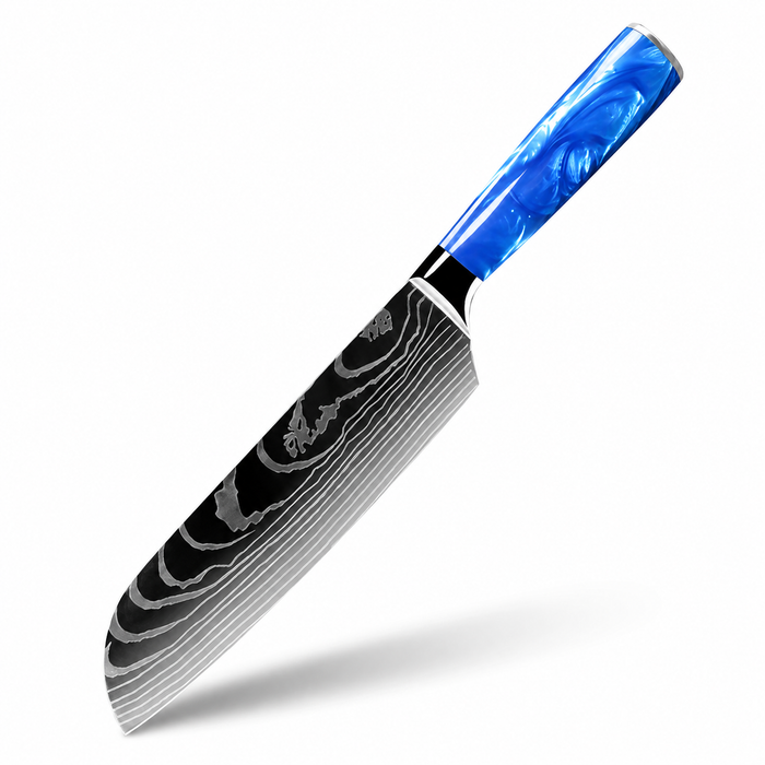 Jushi Kochmesser mit blauem Griff und dekorativer Damastoptik