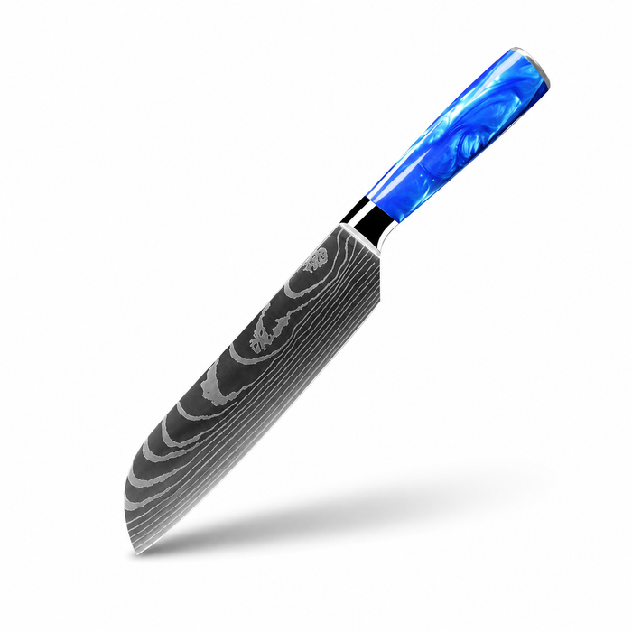 Jushi Santokumesser mit blauem Griff und dekorativer Damastoptik