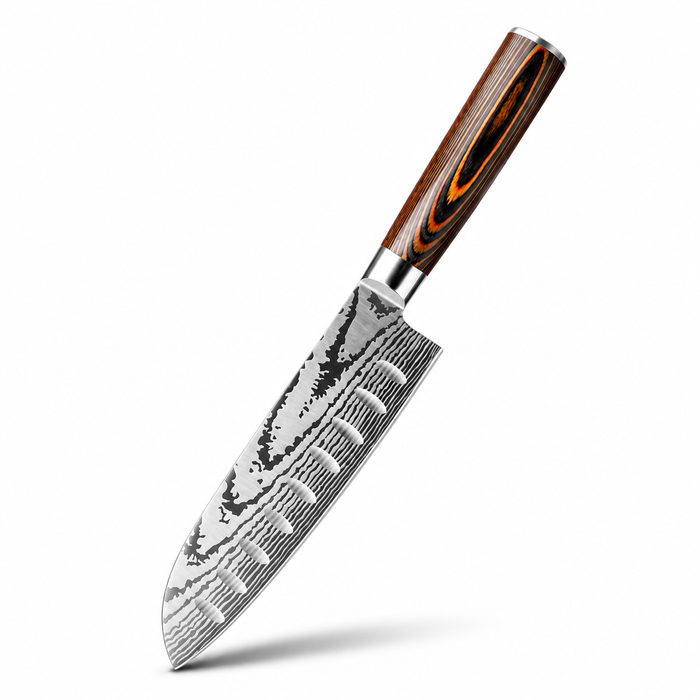 Mokuzai Santokumesser 7 Zoll mit Pakka-Holzgriff und dekorativer Damastoptik