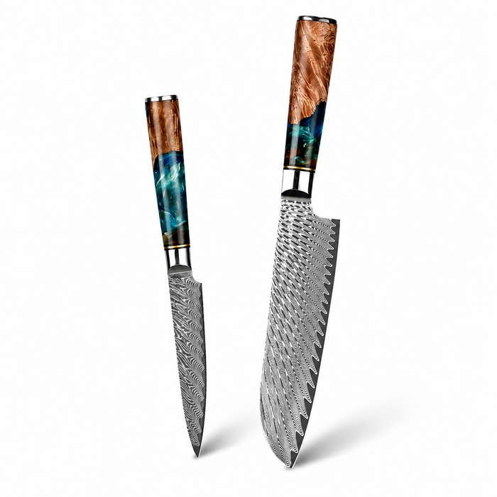 Mikkusu Damastmesser-Set mit zwei Messern und zweifarbigen Griffen