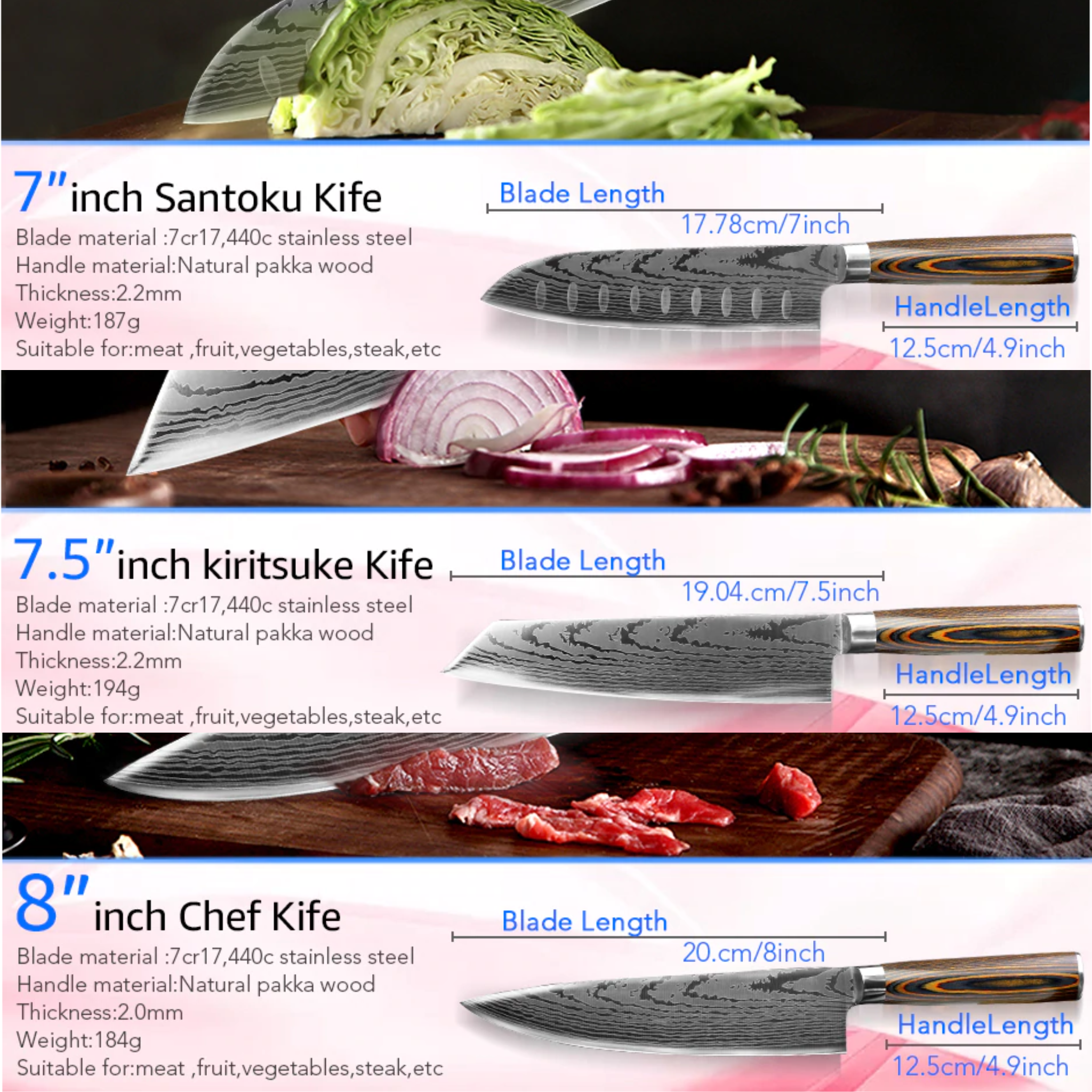 7 Teiliges Asiatisches Kochmesser Set Mokuzai + (GRATIS Chinesisches Küchenbeil Premium)