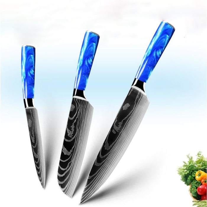 Jushi Messerset mit drei Messern und blauen Griffen