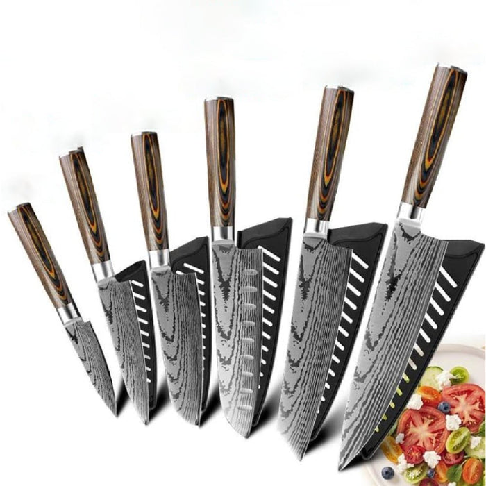 Mokuzai Küchenmesser-Set mit sechs Messern und braunen Griffen