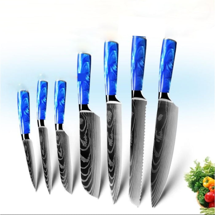 Jushi Küchenmesser-Set mit sieben Messern und blauen Griffen