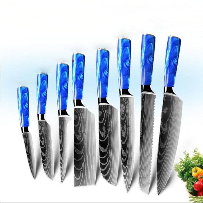 Jushi Küchenmesser-Set mit acht Messern und blauen Griffen