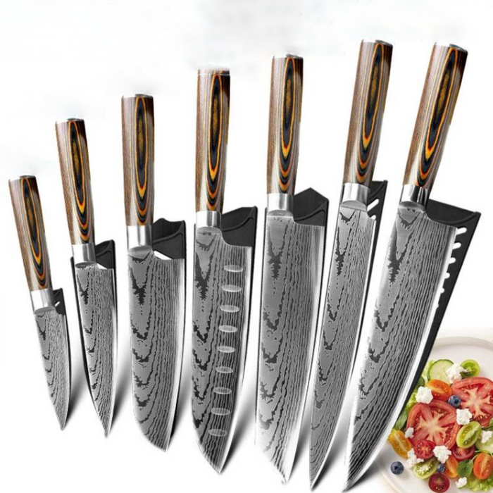 Mokuzai Küchenmesser-Set mit sieben Messern und braunen Griffen